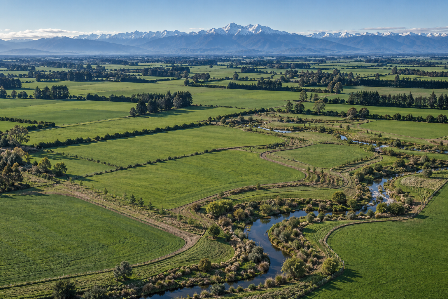 Aerial view across Canterbury farmland, a planted waterway and the Southern Alps
